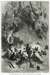 Sir Henri Morton Stanley (1841-1904) te midden van de baders van de Karagoue-regio (Kameroen), die in het hete en geneeskrachtige waterbassin van de Mtagata-kloof duiken, tekening door Emile Bayard, ter illustratie van het verhaal "Door het mysterieuze con