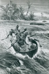 Stanley overwint de stroomversnellingen op de Congo-rivier, tekening door Emile Bayard