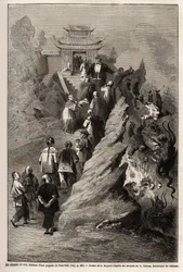 De Weg naar de Hemel, tekening door E.Bayard, gebaseerd op een schilderij van een pagode in Tien Tsin, ter illustratie van de reis van Shanghai naar Moskou, van 1859 tot 1862, door M.de Bourboulon, minister van Frankrijk in China. Gravure in "Le tour du mo