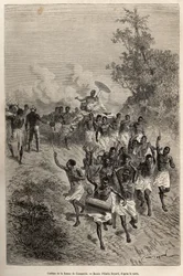 De stoet van de vrouw van Cassemmbe passeert voor Livingstone die haar groet, gegraveerd naar een tekening van Emile Bayard, ter illustratie van David Livingstone