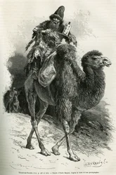 De gids en tolk van de expeditie, Chutun Dzamba, 58 jaar oud, gehurkt op zijn kameel, hij mompelde voortdurend gebeden, tekening door Emile Bayard ter illustratie van de reis naar Mongolië en het land van de Tanguten van 1870 tot 1873, door de luitenant
