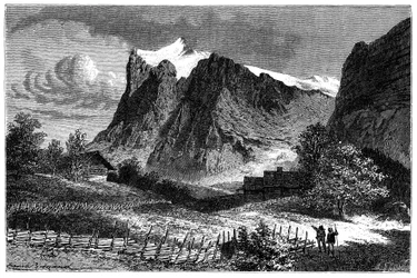 Uitzicht op de Zwitserse Alpen. Illustratie door Emile Bayard voor het boek Les Montagnes van Albert Dupaigne, editie Mame 1881.