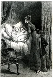 Jonge vrouw die voor een oude man zorgt die sterft in zijn bed onder een crucifix aan de muur. De stervende man houdt zijn laatste aanbevelingen (testament) in de hand. Gravure door Emile Bayard ter illustratie van Jules Sandeau