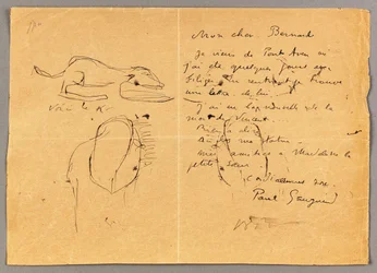 Brief aan Emile Bernard met drie inkttekeningen, waarin het overlijden van "Vincent" wordt vermeld, Tahiti, 1890s