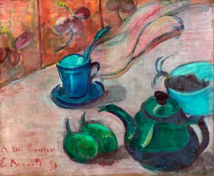 Stilleven met theepot, kopje en fruit