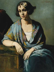 Portret van een jonge vrouw die op haar elleboog leunt, 1928