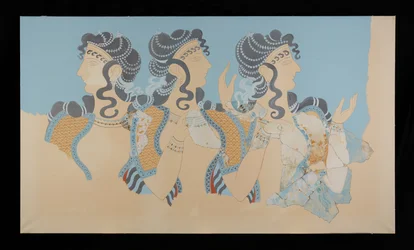 Schilderij van de gerestaureerde Dames in Blauw Fresco uit het Paleis van Minos in Knossos (Evans Fresco Drawing O/7)