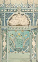 Ontwerp voor een wanddecoratie met pauw, kraanvogels en zonnebloemen voor het restaurant..., 1896-98