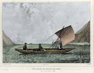 Een Balsa of een vlot op het Titicacameer (Bolivia). Lithografie door Emile Lassalle (1813-1871) - in “Voyage dans l