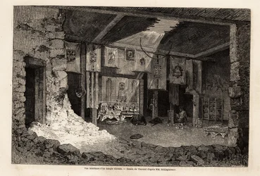 Interne weergave van een Tibetaans tempel, tekening door Therond, ter illustratie van het overzicht van het geografische jaar 1862, door Vivien de Saint Martin. Gravure in 