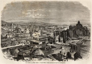 Gezicht op Tiflis, of Tbilisi, tekening van Théorond, ter illustratie van de reis van heer Moynet in 1858 naar de Zwarte Zee en de Kaspische Zee. Gravure in ‘Le Tour du monde, nouveau journal des voyages’, Parijs
