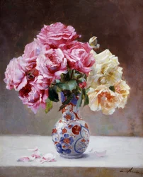 Stilleven van rozen in een vaas. Schilderij van Emile Vernon (1872-1919) Privécollectie.