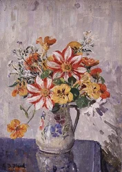 Stilleven met bloemen in een kruik