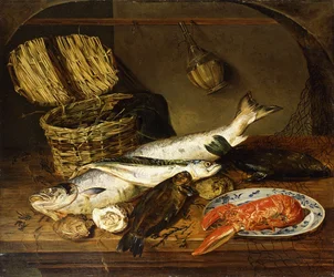 Een Zalm, een Makreel, een Kreeft op een Bord, een Rieten Mand, Oesters, een Chianti Fles en een Vissersnet op een Houten Tafel, 1854