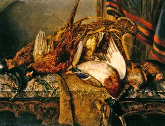 Stilleven met fazanten op een marmeren tafel