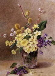 Lentebloemen (inclusief wilgentakken). Schilderij van Emma Cooper (1837-1912) Privécollectie.