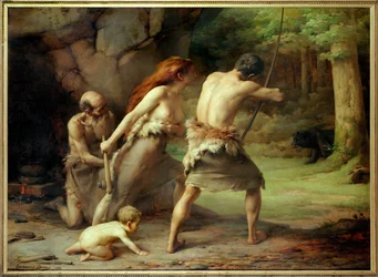 Prehistorische mannen jagen op een beer (schilderij op doek)