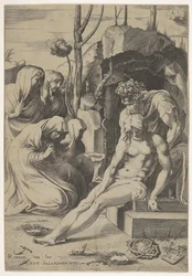 Graflegging van Christus, wiens borst wordt vastgegrepen door Jozef van Arimathea, met twee knielende, 1543
