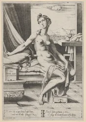 Lucretia naakt en zittend voor een venster, met een dolk in haar rechterhand en houdend d..., ca. 1535-67