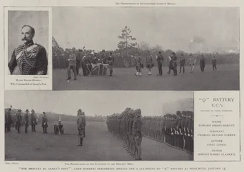 Voor moed in Sannas Post, Lord Roberts reikt medailles en een beeldje uit aan Q Battery in Woolwich, 13 januari
