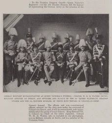 Duitse militaire vertegenwoordigers bij de begrafenis van koningin Victoria, kolonel W H H Waters (MVO), militair attaché in Berlijn, en officieren en onderofficieren van de 1e (koningin Victoria