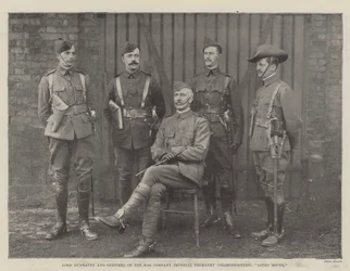 Lord Dunraven en officieren van de 67e Compagnie Imperial Yeomanry (Scherpschutters), op weg naar het zuiden