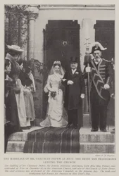 Het huwelijk van de heer Chauncey Depew in Nice, de bruid en bruidegom verlaten de kerk