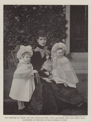 De Prinses van Wales en haar Kleinkinderen, Lady Alexandria en Lady Maud Duff, Dochters van Prinses Louise, Hertogin van Fife