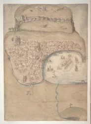 Een gekleurd plan of vogelvlucht van Scarborough Town en Castle