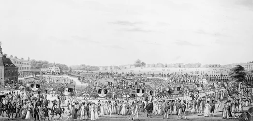Een correcte weergave van het gezelschap dat naar en terugkeert van de audiëntie van Zijne Majesteit in Buckingham Palace, gepubliceerd door G. Humphrey, 25 mei 1822