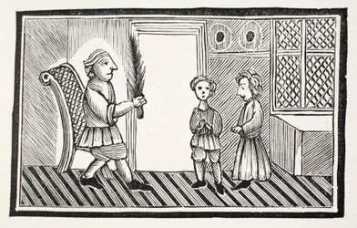 Een vader en zijn zonen, illustratie uit Chap-books of the Eighteenth Century door John Ashton, uitgegeven 1882