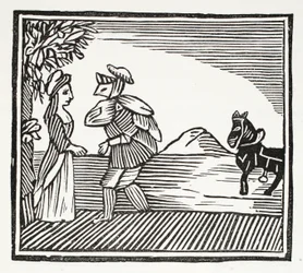Een Heer gaat te rade bij Moeder Bunch, illustratie uit Chap-books of the Eighteenth Century door John Ashton, gepubliceerd 1882