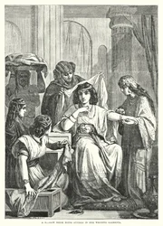 Een Hebreeuwse bruid die haar trouwkleding aantrekt (gravure)