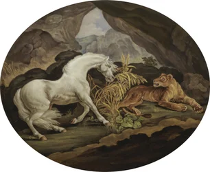Een paard geschrokken door een leeuwin na George Stubbs