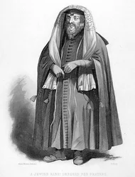 Een Joodse Rabbi kleedt zich voor gebeden, gegraveerd door R. Young, uit 