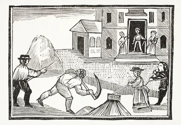 Een Man die Gras maait met een Zeis, die alles voor zich uit nam, illustratie uit Chap-books van de Achttiende Eeuw door John Ashton, uitgegeven 1882