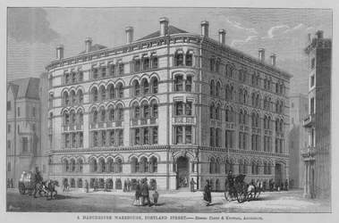 Een pakhuis in Manchester, Portland Street, Messrs Clegg en Knowles, architecten. Illustratie voor The Builder