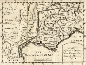 Een kaart van de route die Hannibal nam door Gallië en over de Alpen naar Italië