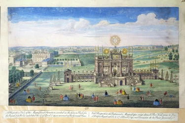 Een perspectivisch uitzicht op de prachtige structuur opgericht in het Green Park voor het Koninklijk Vuurwerk, 1749