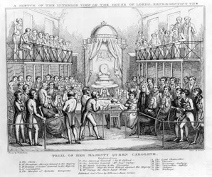Een schets van het interieur van het Hogerhuis, voorstellende het proces van Hare Majesteit Koningin Caroline, uitgegeven 1820 (gravure)