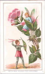 Een Victoriaanse kerstkaart van een fee die op een roos zit en een andere fee die een speer naar een wesp gooit, ca. 1880
