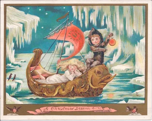 Een Victoriaanse kerstkaart van een meisje fee die slaapt in een sierlijke dolfijnenboot op een bevroren zee terwijl een jongen fee een lamp vasthoudt, ca. 1880