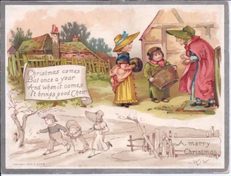 Een Victoriaanse kerstkaart van een oudere vrouw met twee kinderen op een boerderij, ca. 1880