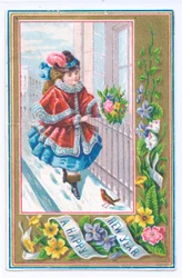 Een Victoriaanse nieuwjaarskaart van een meisje gekleed in een bont gevoerde cape met een boeket bloemen die door de sneeuw loopt, ca. 1880