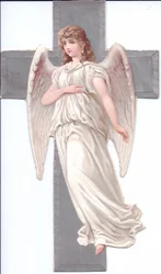 Een Victoriaans papiersnipperreliëf van een engel voor een kruis, ca. 1880 (kleurenlitho)