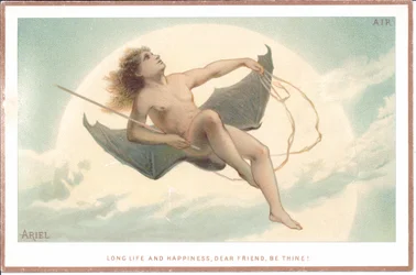 Een Victoriaanse kaart van een naakte man die een stok vasthoudt en op een paar enorme vleermuisvleugels door de wolken vliegt, ca. 1880