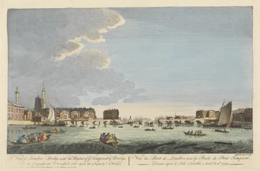 Een uitzicht op London Bridge met de ruïnes van de tijdelijke brug na de brand van 11 april 1758 (gekleurde gravure)