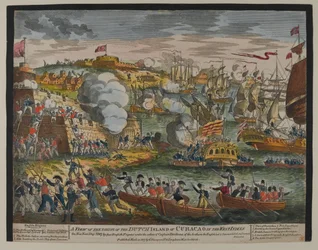 Een Zicht op de Inname van het Nederlandse Eiland Curaçao in de West-Indië, 1 januari 1807, uitgegeven door G. Thompson in 1807