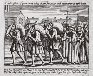 Een beschrijving van arme mannen die hun boetedoening doen met stro op hun rug, illustratie uit Handelingen en Monumenten van John Foxe, negende editie, uitgegeven 1684