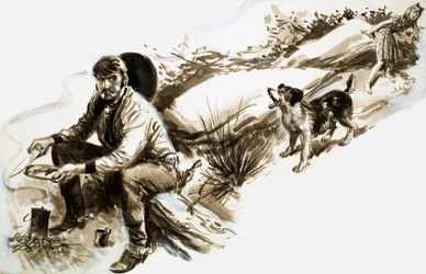 Een hond blaft naar een cowboy die eten eet